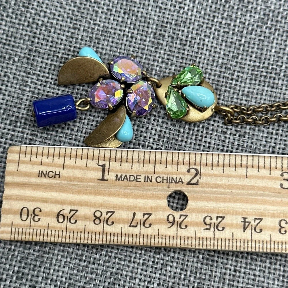 J CREW Antique Brass Glass Rhinestones flowers pendant, necklace‎ # 77